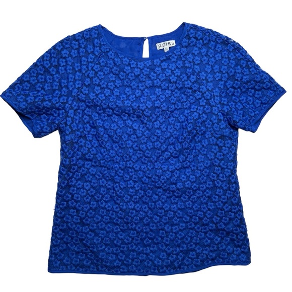 Reiss Blue Woven Floral Lace Keyhole Short Sleeve Blouse Top Size 0 - Picture 1 of 12